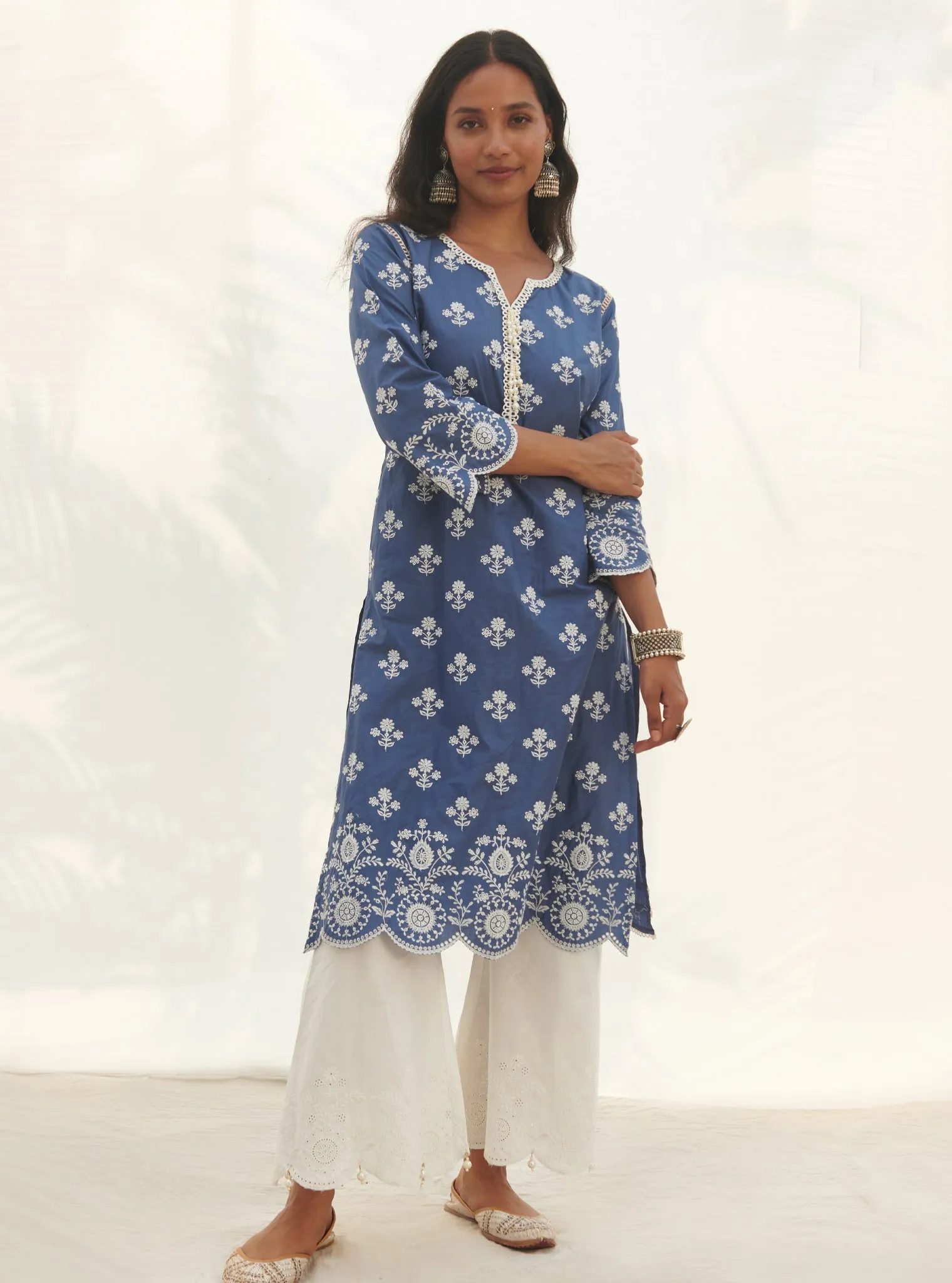 Mulmul Cotton Arpora Navy Kurta With Arpora White Pant