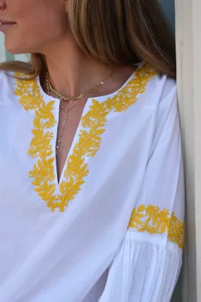 Mykonos Hand Embroidered Top White with Yellow Embroidery