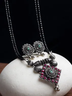 Oxidised Silver-Plated Pink & Green Stone-Studded & Black Beaded Mangalsutra Set