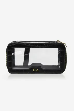 Personalised Leather & Perspex Double Zip Cali Cosmetic Bag - Black Croc