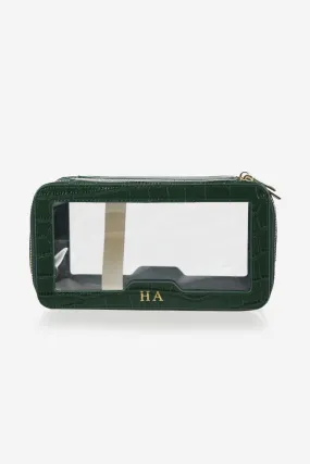 Personalised Leather & Perspex Double Zip Cali Cosmetic Bag - Evergreen Croc