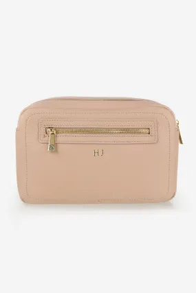 Personalised Leather Double Zip Wash Bag - Nude Pebble with Gold Hardware