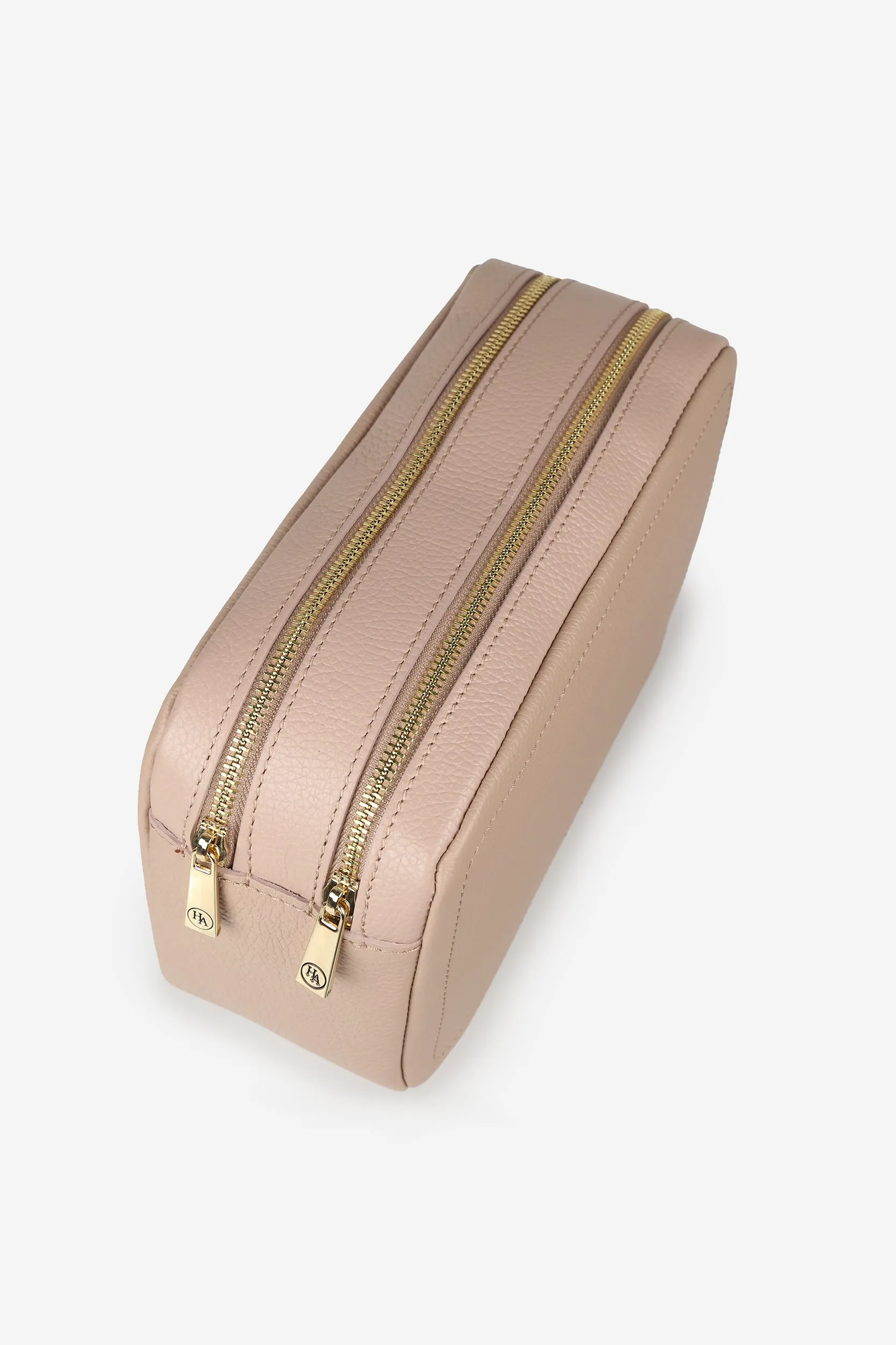 Personalised Leather Double Zip Wash Bag - Nude Pebble with Gold Hardware