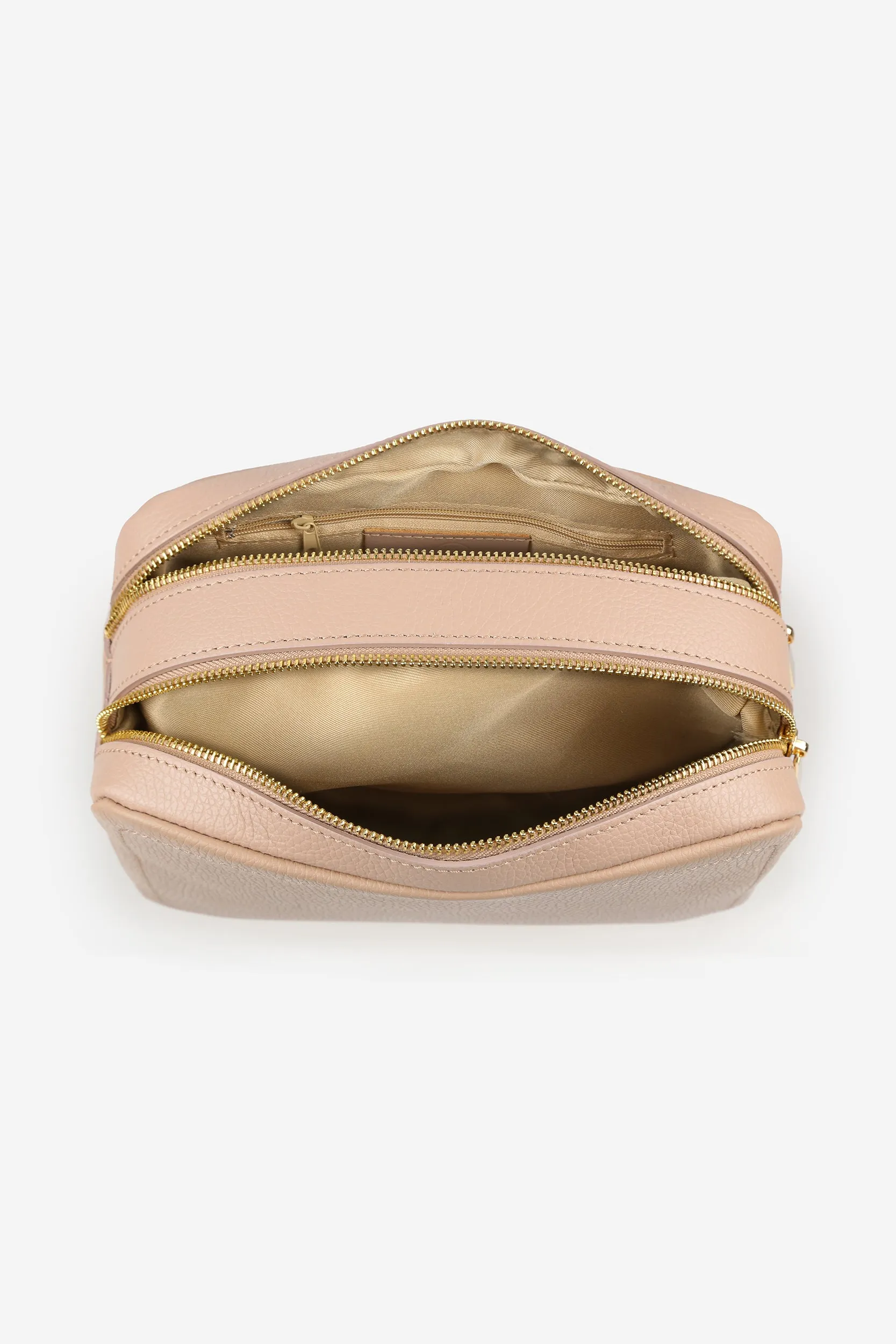 Personalised Leather Double Zip Wash Bag - Nude Pebble with Gold Hardware