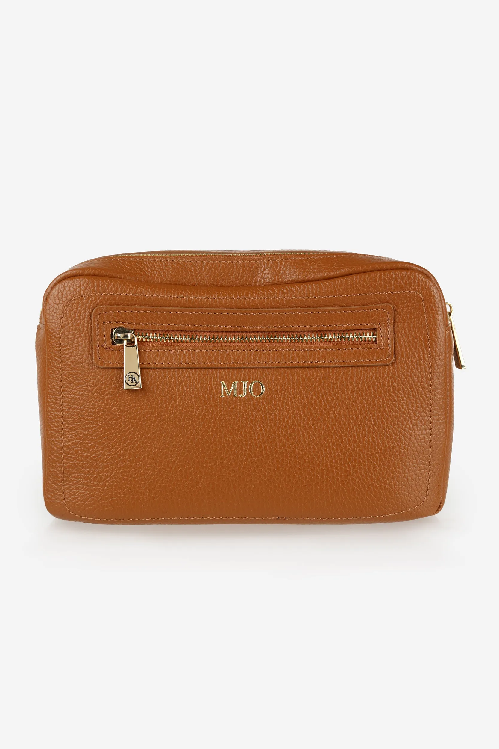 Personalised Leather Double Zip Wash Bag - Tan Pebble with Gold Hardware