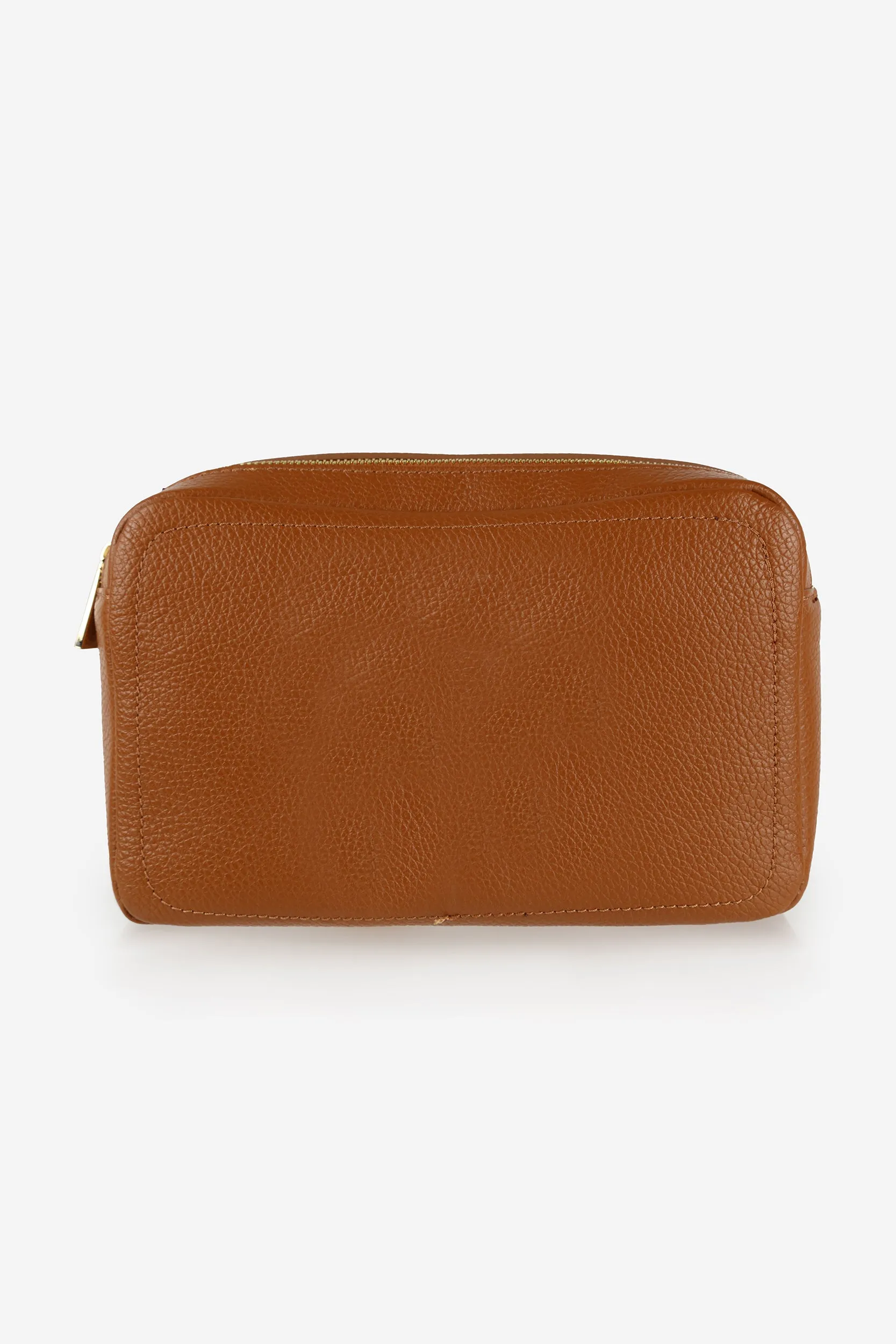 Personalised Leather Double Zip Wash Bag - Tan Pebble with Gold Hardware