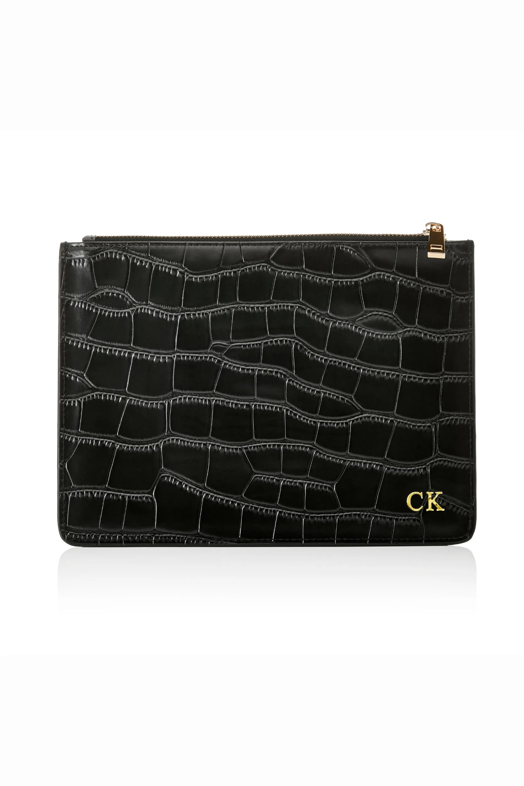 Personalised Leather Pouch - Black Croc with Gold hardware