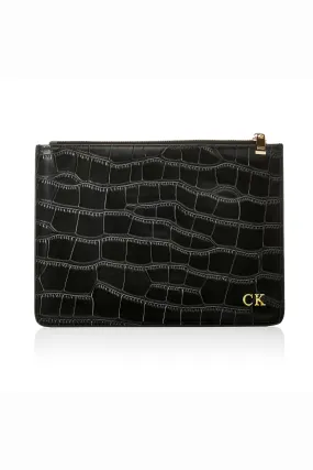 Personalised Leather Pouch - Black Croc with Gold hardware