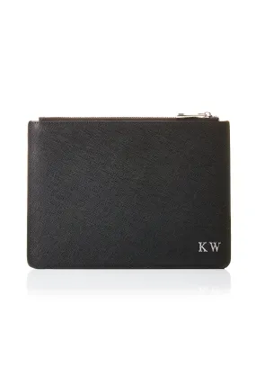 Personalised Leather Pouch - Black Saffiano with Silver hardware