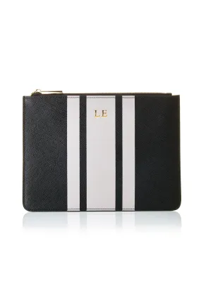 Personalised Leather Stripe Pouch - Black Saffiano with Gold hardware