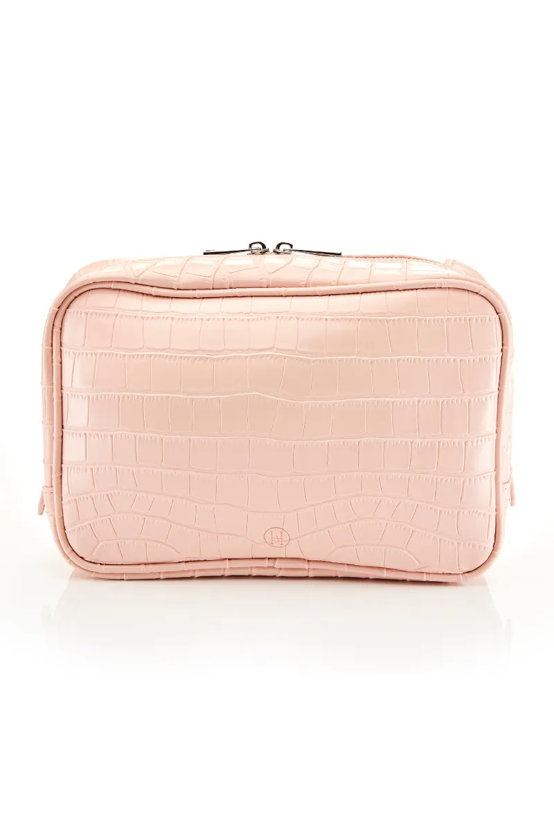 Personalised Leather Wash Bag - Nude Croc with Silver Hardware