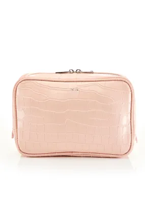 Personalised Leather Wash Bag - Nude Croc with Silver Hardware