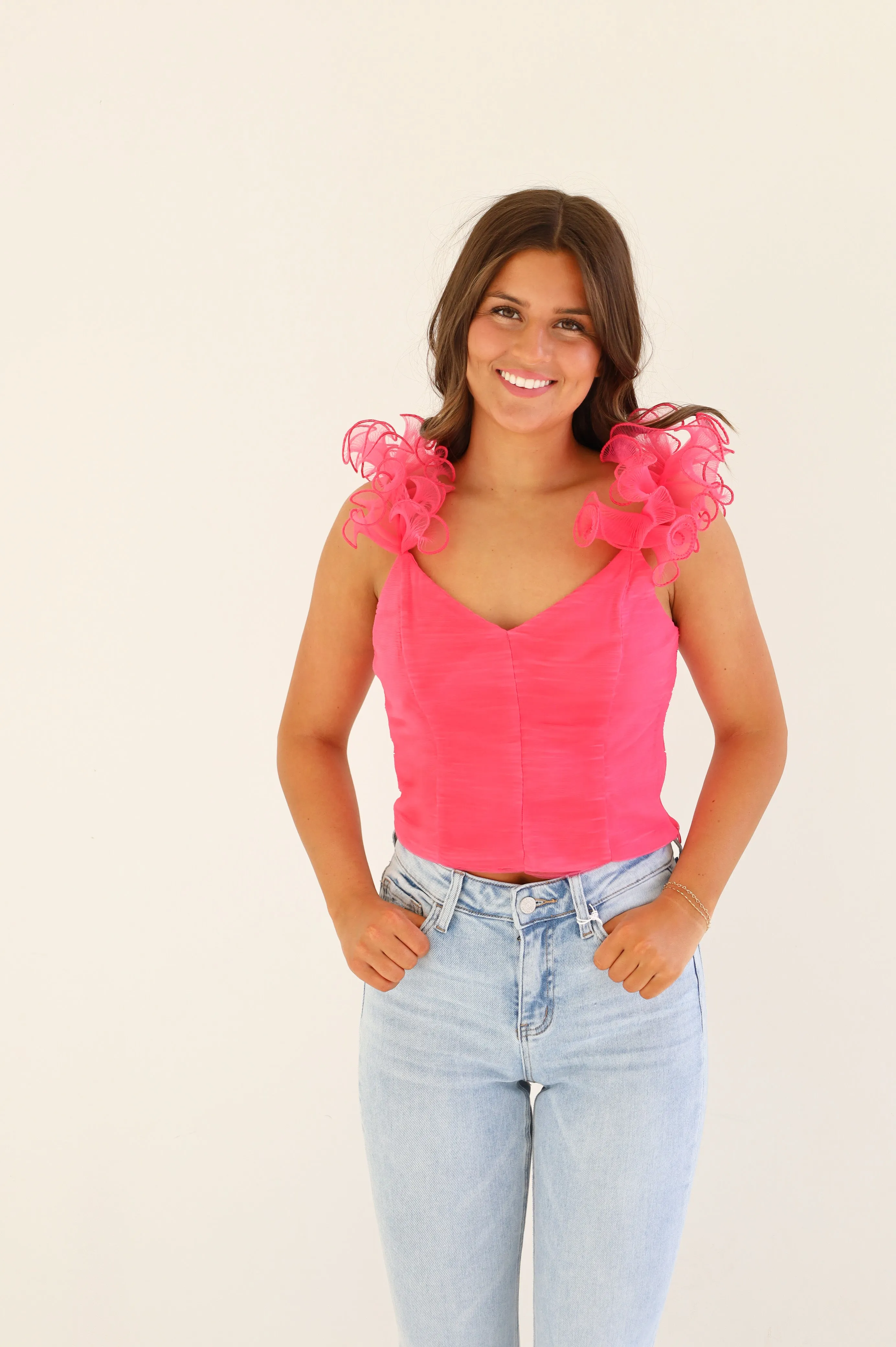 PINK RUFFLE SLEEVE TANK