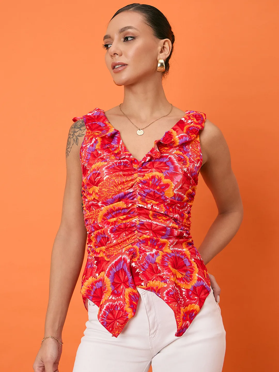 Printed Sleeveless Stretchable Ruffled Top