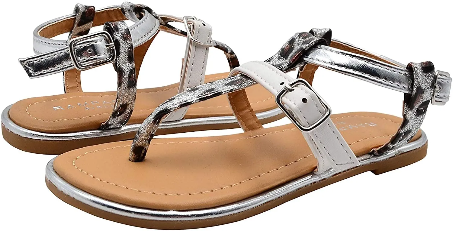 Rampage Girls Big Kid Leopard Print T-Strap Thong Slide Sandal with Adjustable Back Strap - Fashion Summer Flat Shoes