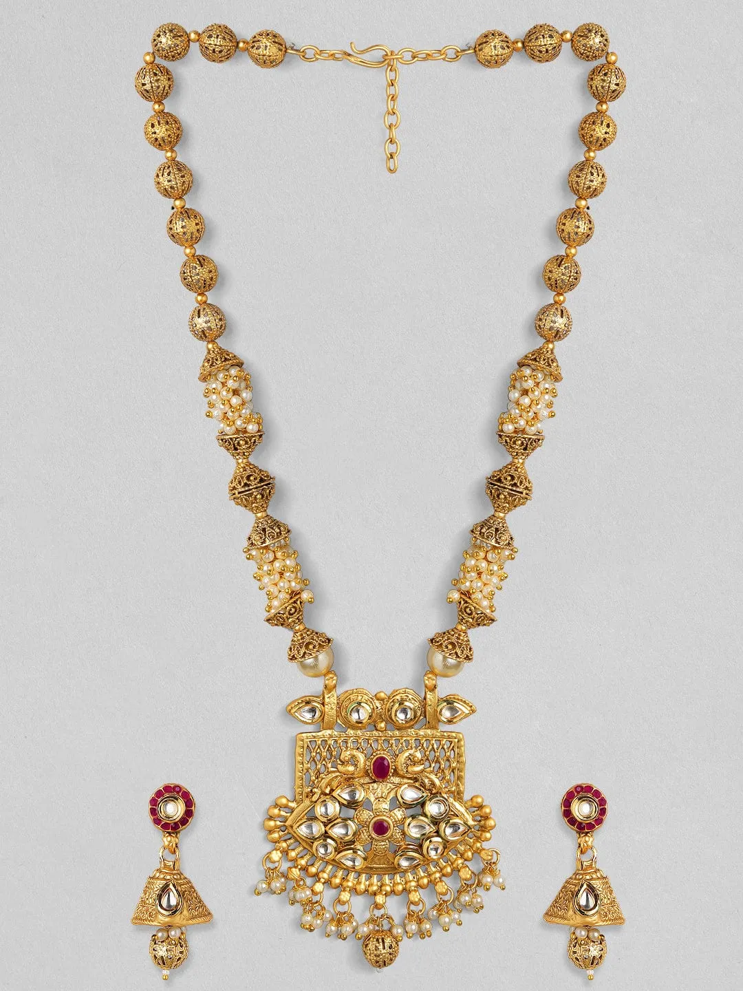 Rubans 24K Gold Plated Handcrafted White Kundan & Antique Gold Filigree Beads Necklace Set