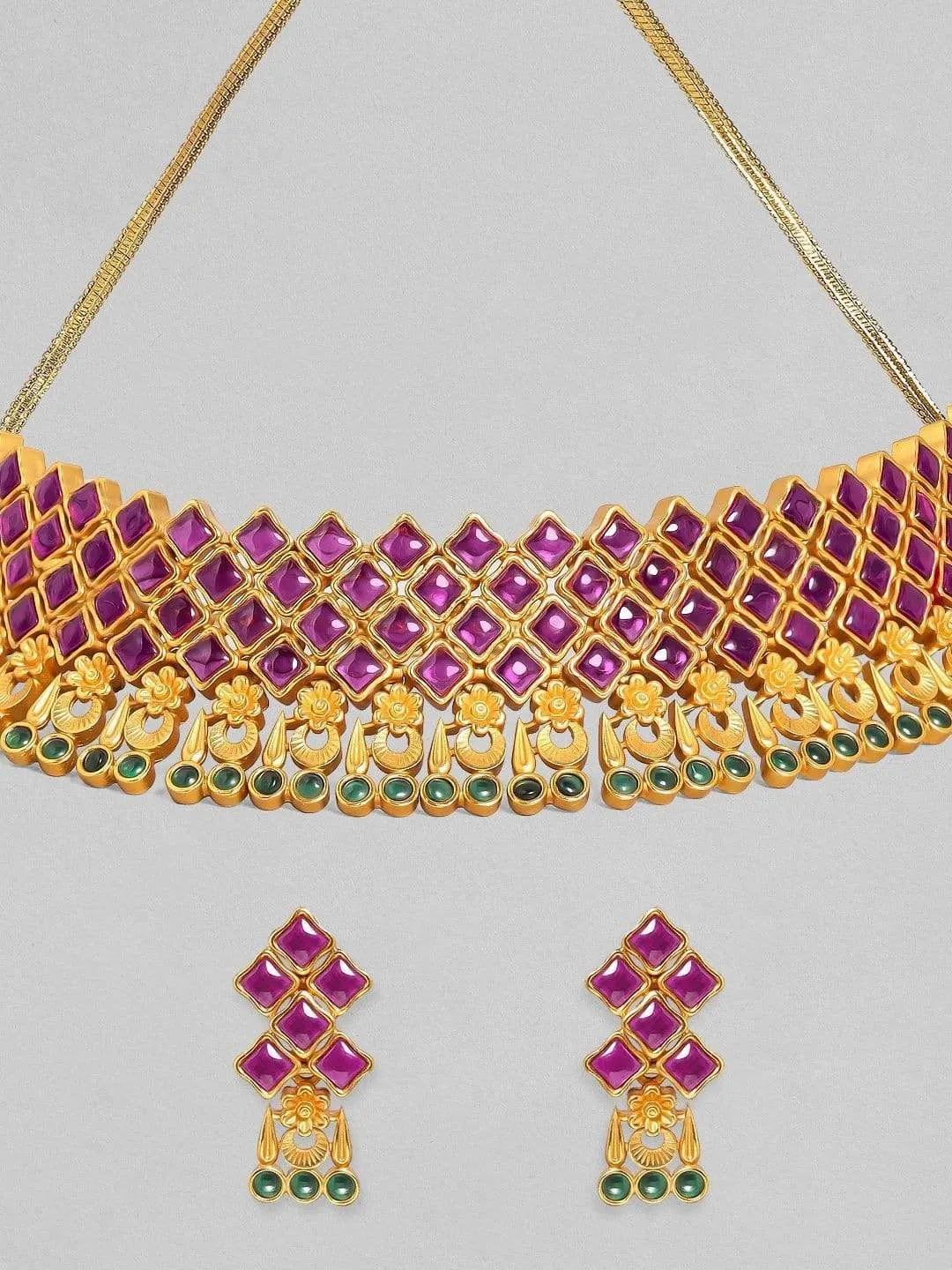 Rubans 24K Gold-Plated Purple & Green Ruby-Studded Handcrafted Jewellery Set