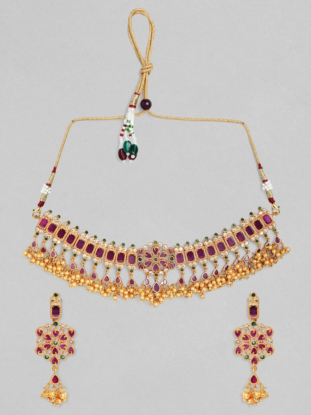 Rubans 24K Gold Plated Red Studded Intricate Necklace Set