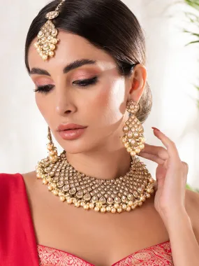 Rubans Gold Plated AD Studded Embellished With Pearls Statement Necklace Set With Maangtikka