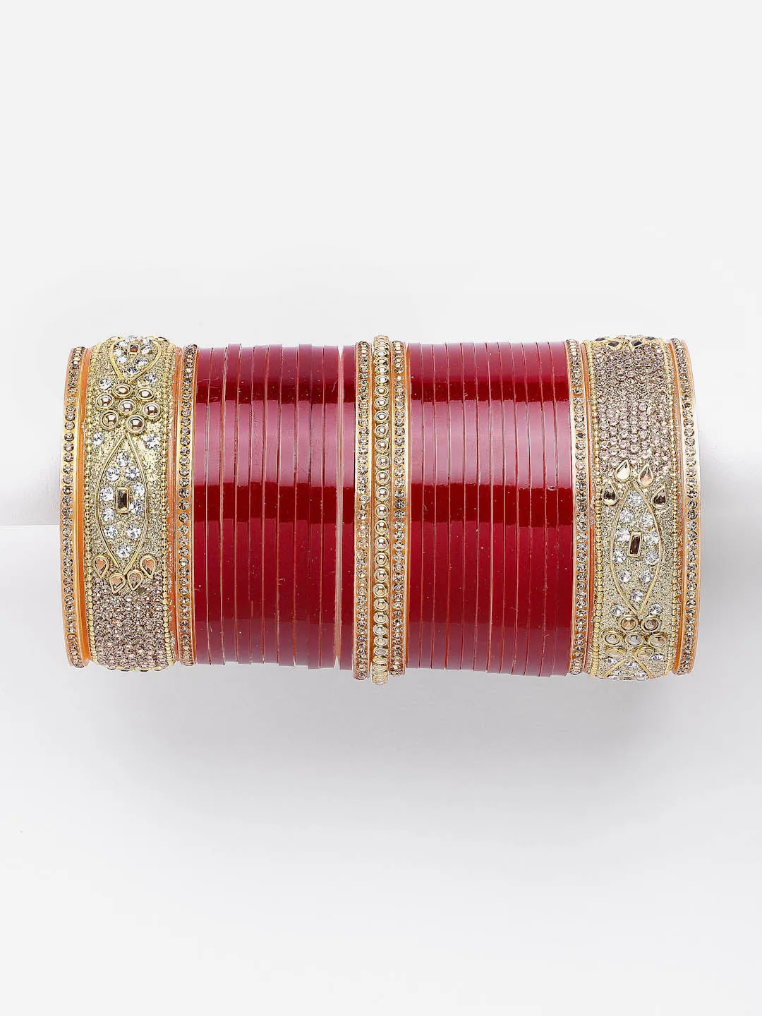 Set of 66 Gold-Plated Red AD Stone-Studded Wedding Chuda Set