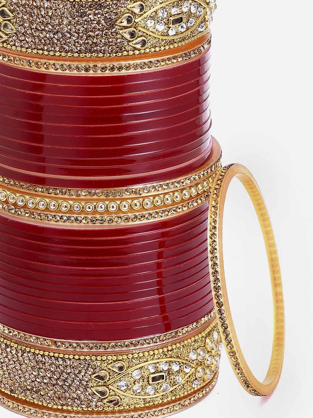 Set of 66 Gold-Plated Red AD Stone-Studded Wedding Chuda Set