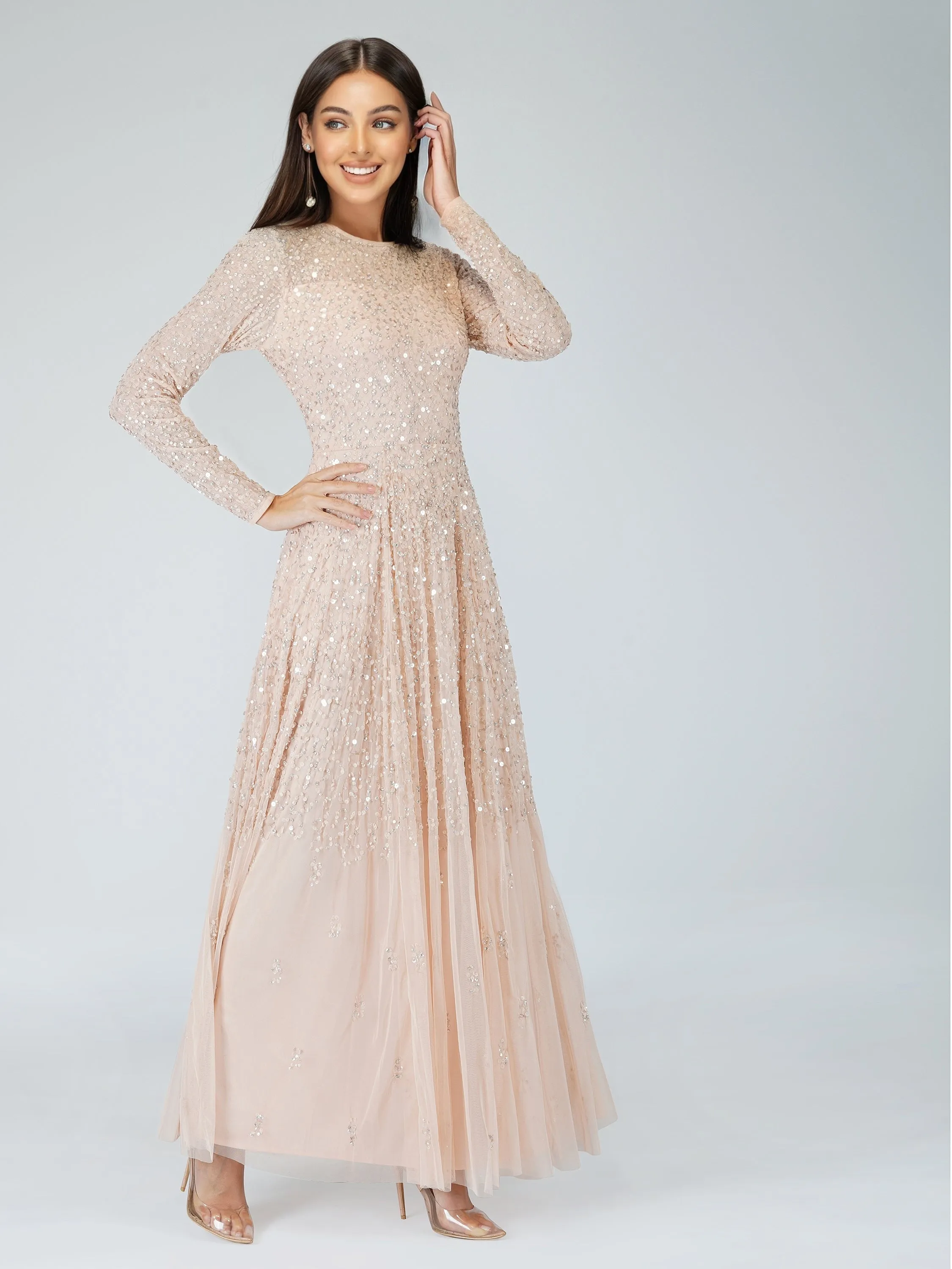 Sila Long Sleeve Embellished Maxi Dress in Blush Pink