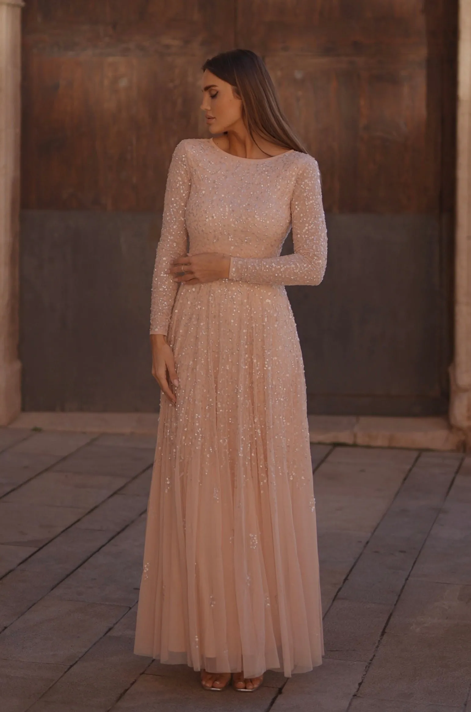 Sila Long Sleeve Embellished Maxi Dress in Blush Pink