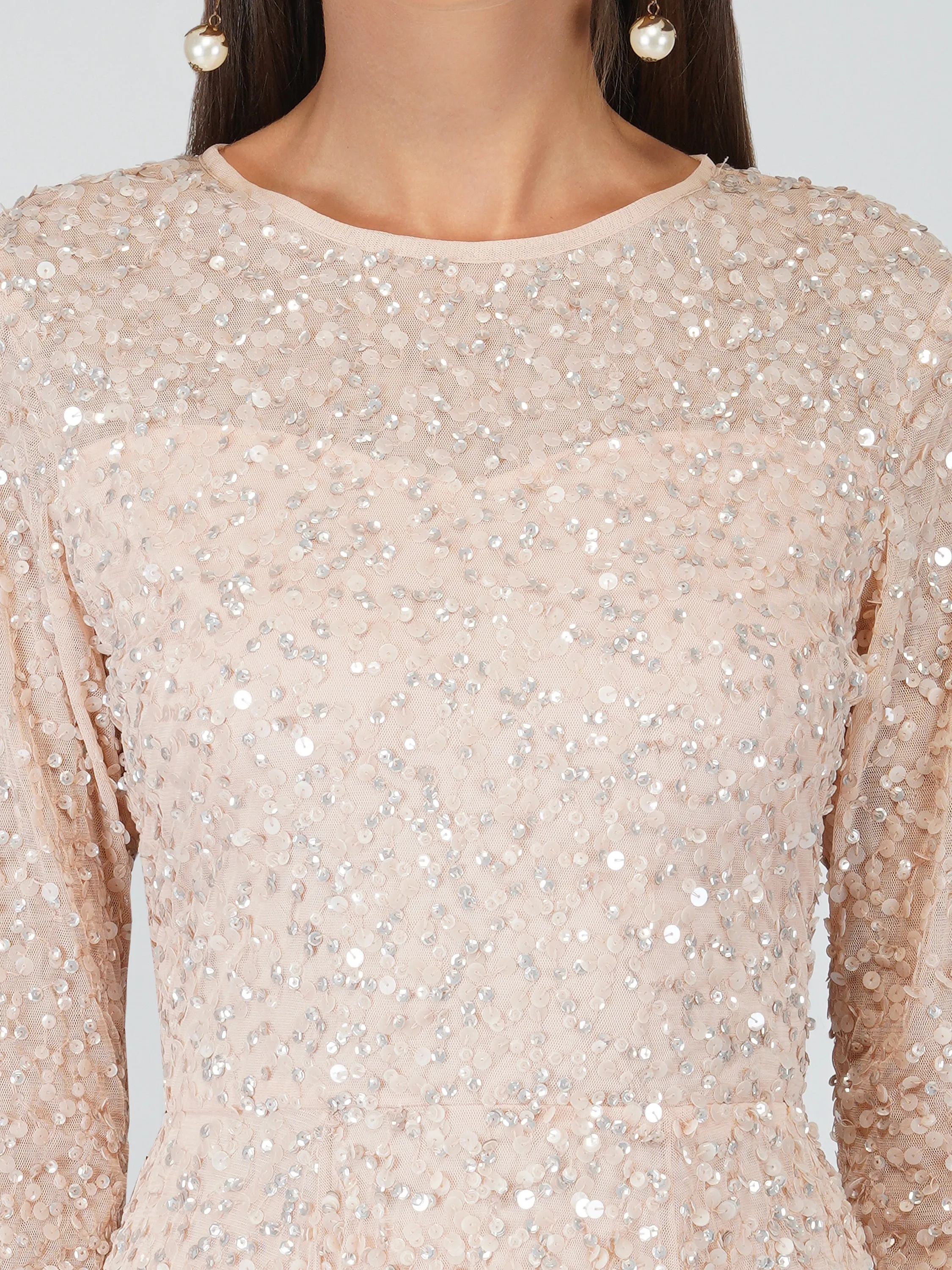 Sila Long Sleeve Embellished Maxi Dress in Blush Pink