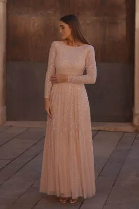 Sila Long Sleeve Embellished Maxi Dress in Blush Pink