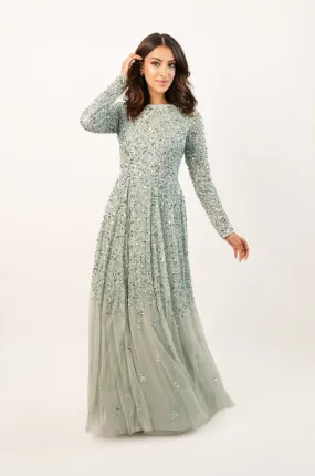 Sila Long Sleeve Embellished Maxi Dress in Sage Green