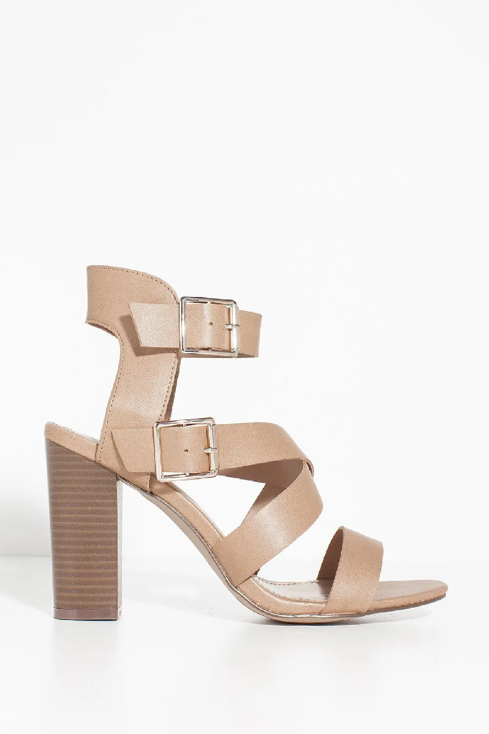 Strappy Chunky Heel Double Buckle Open Toe Sandal Natural