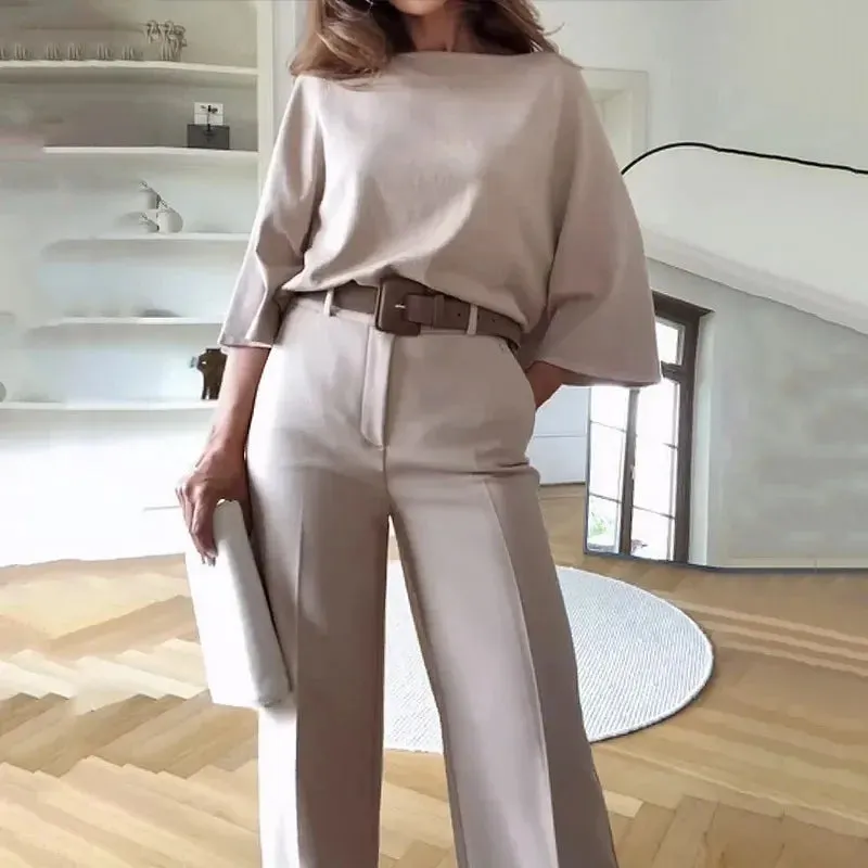 Two Piece Set Women Batwing Sleeve Top and Flare Pants Suit