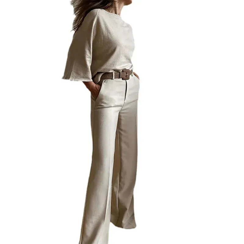 Two Piece Set Women Batwing Sleeve Top and Flare Pants Suit