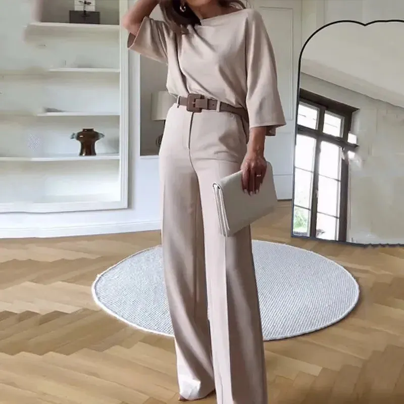 Two Piece Set Women Batwing Sleeve Top and Flare Pants Suit