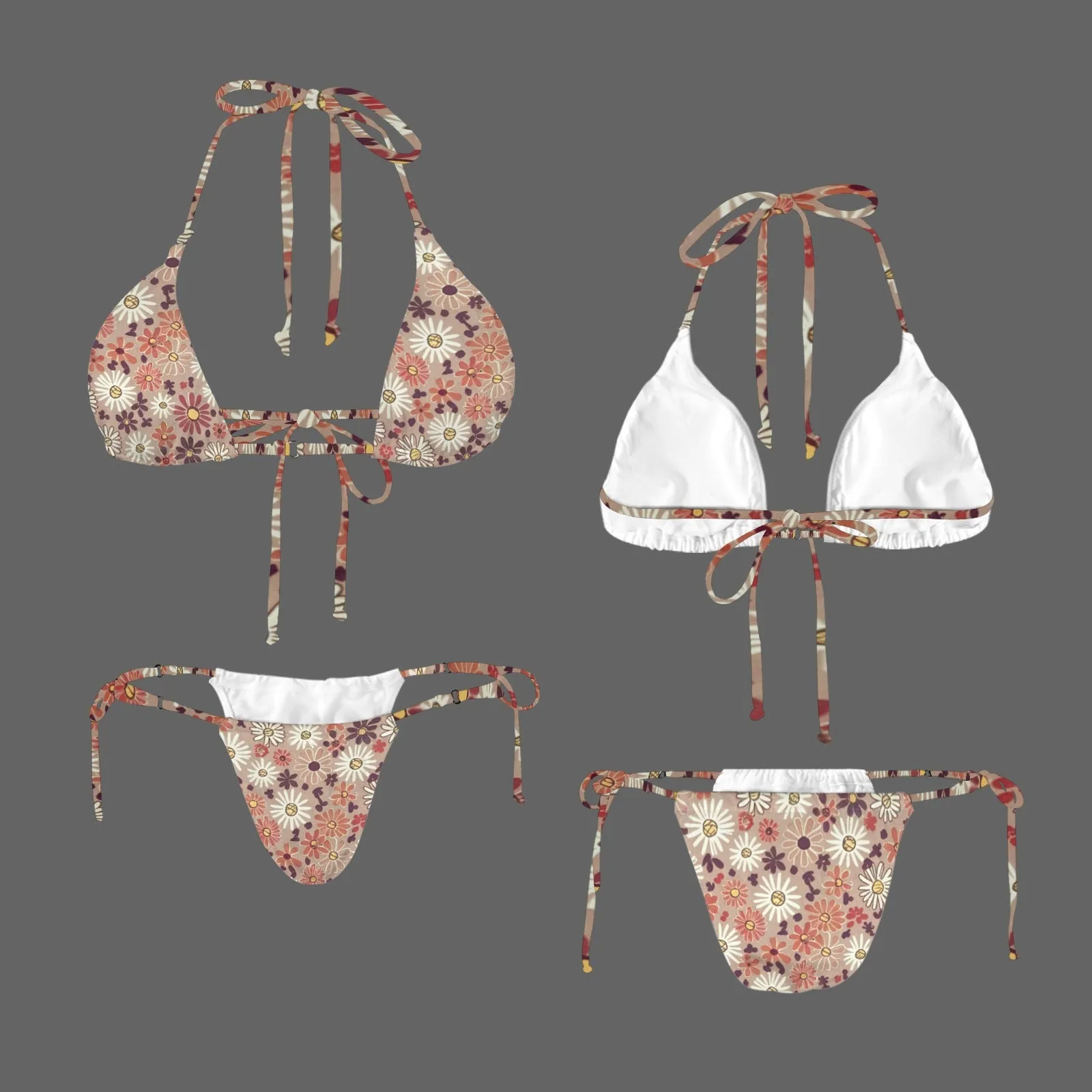 Vampire Art Glam Halter String Bikini Swimsuit Set - Retro Flowers in Beige